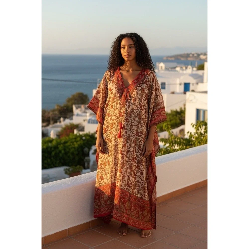 Brhamaki River Of Roses Kaftan Tunic Women Red Beige Boho Beach Cover Up Flowy - Picture 4 of 6